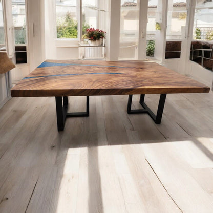 210cm x 145cm Blue Resin Live Edge East Indian Walnut Dining Table